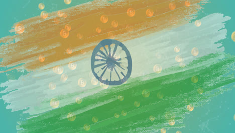 Animation-Von-Bitcoin-Symbolen,-Die-über-Die-Indische-Flagge-Im-Hintergrund-Fließen