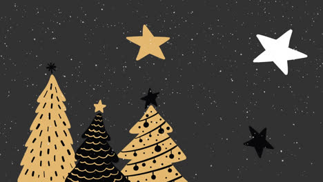 Animation-Von-Fallendem-Schnee-über-Weihnachtsbäumen-Und-Sternen-Auf-Grauem-Hintergrund