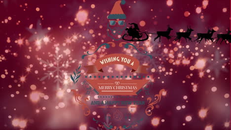 Animation-of-christmas-greetings,-santa-claus-in-sleigh-with-reindeer-over-snow-falling