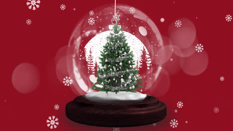 Snowflakes-falling-over-shooting-star-around-christmas-tree-in-a-snow-globe-on-red-background
