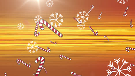 Animation-Von-Zuckerstangen-Und-Schnee,-Der-über-Leuchtende-Strahlen-Auf-Orangefarbenem-Hintergrund-Fällt