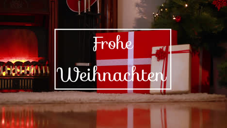 Animation-of-frohe-weihnachten-greeting-text-in-frame-over-santa-claus-with-presents