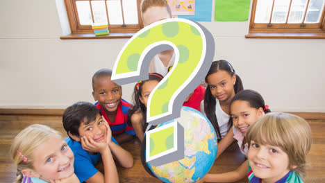 Animation-of-green-question-mark-over-diverse-elementary-school-class-around-globe-in-classroom