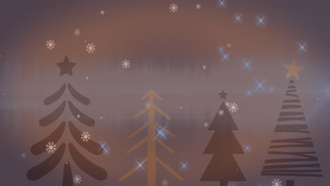 Animation-of-stars-and-snowflakes-over-christmas-tree-icons-on-blue-background-with-copy-space