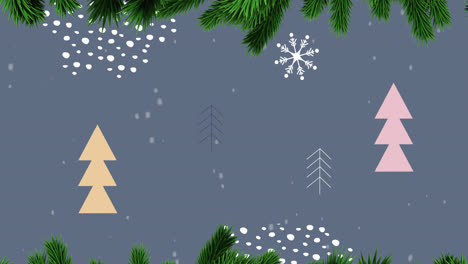 Animation-Von-Tannenzweigen-über-Einem-Weihnachtsbaummuster
