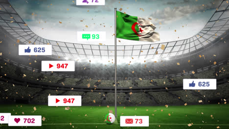 Animation-of-media-icons-over-confetti-and-flag-of-algeria-with-stadium