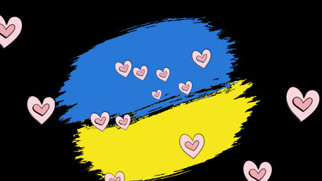 Animation-Von-Herzen,-Die-über-Der-Flagge-Der-Ukraine-Auf-Schwarzem-Hintergrund-Schweben