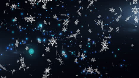 Digitale-Animation-Von-Schneeflocken,-Die-Vor-Blauen-Lichtpunkten-Auf-Schwarzem-Hintergrund-Fallen