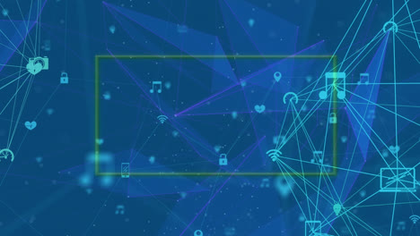 Animation-of-neon-frame-over-network-of-connections-over-on-blue-background
