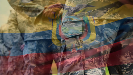 Animation-of-flag-of-equador-waving-over-midsection-of-group-of-soldiers
