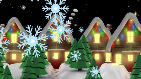 Animation-Von-Fallendem-Schnee-über-Winterlandschaftshäusern-Mit-Weihnachtlichen-Lichterketten