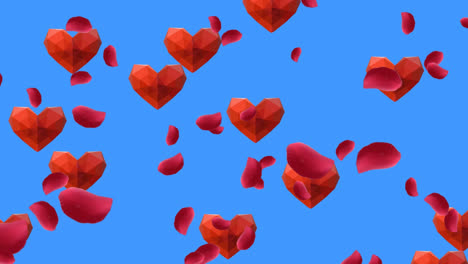 Animation-Von-Blütenblättern-Und-Herzsymbolen-Auf-Blauem-Hintergrund