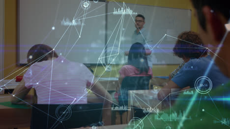 Animation-of-data-and-connections-over-diverse-teacher-and-students-at-school
