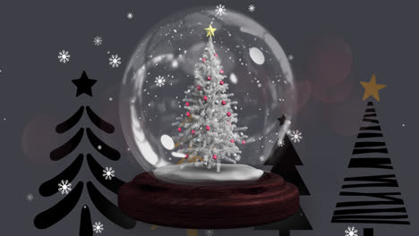 Estrella-Fugaz-Alrededor-Del-árbol-De-Navidad-En-Un-Globo-De-Nieve-Contra-Los-Iconos-Del-árbol-De-Navidad-Sobre-Fondo-Gris