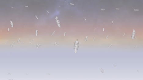 Animation-Von-Weißen-Vogelfedern,-Die-über-Den-Wolkigen-Sonnenuntergangshintergrund-Fallen