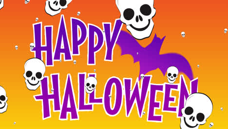 Animation-Von-Halloween-Grüßen-Und-Totenköpfen,-Die-Sich-über-Einen-Orangefarbenen-Hintergrund-Mit-Bäumen-Bewegen