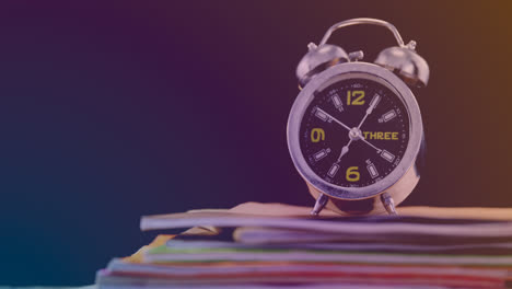 Animation-of-clock-and-books-over-black-background