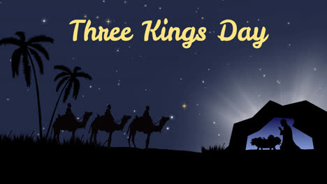 Animation-of-three-kings-day-text-over-nativity-scene-with-three-kings-and-shooting-star