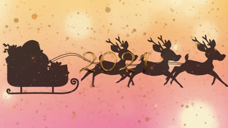 Animation-of-2021-text-over-santa-claus-in-sleigh-with-reindeer