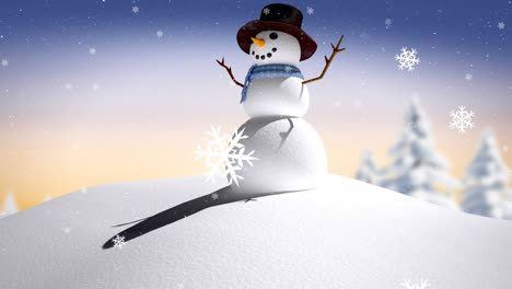 Snowflakes-falling-over-snowman-on-winter-landscape-against-gradient-background