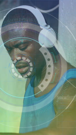 Runder-Scanner-Gegen-Afroamerikanischen-Fitten-Mann-Mit-Kopfhörern-Und-Smartwatch-Im-Freien
