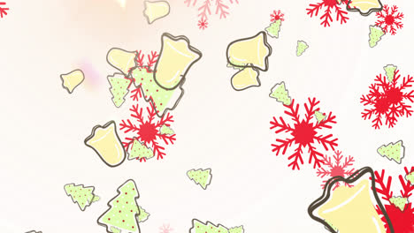 Animation-Von-Schnee,-Glocken,-Weihnachtsbaum,-Der-Auf-Weißem-Hintergrund-Fällt