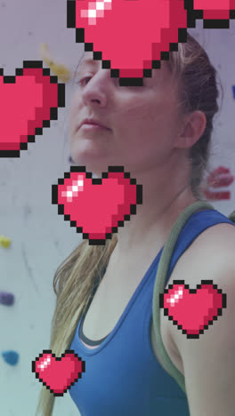 Multiple-pink-heart-icons-floating-against-portrait-of-caucasian-fit-woman-at-the-gym