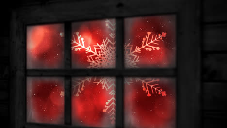 Animation-Von-Fallendem-Schnee-über-Weihnachtsschneeflocken,-Gesehen-Durch-Fenster