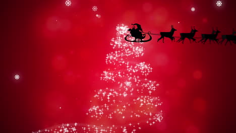 Animation-of-santa-claus-in-sleigh-with-reindeer-over-snow-falling-and-christmas-tree-on-red