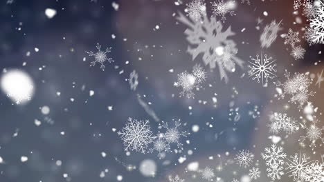 Digitale-Animation-Von-Fallendem-Schnee-Und-Mehreren-Schneeflockensymbolen-Auf-Blauem-Hintergrund