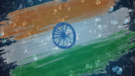 Animation-Von-Bitcoin-Symbolen,-Die-über-Die-Indische-Flagge-Im-Hintergrund-Fließen