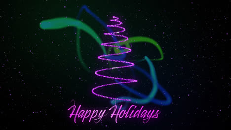 Animation-of-snow-falling-over-season's-greetings-text-and-christmas-tree-formed-with-shooting-star