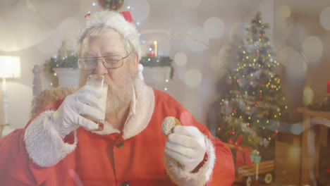 Animation-of-light-spots-over-santa-drinking-milk-at-christmas