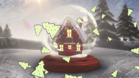 Animation-Von-Weihnachtsbäumen,-Die-über-Eine-Schneekugel-Fallen