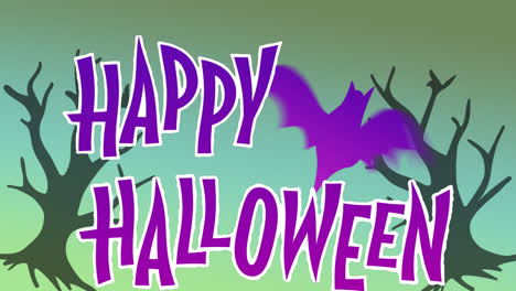 Animation-Von-Halloween-Grüßen-Und-Fledermaus-Auf-Grünem-Hintergrund-Mit-Bäumen