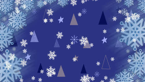 Animation-of-snow-falling-christmas-tree-pattern-on-blue-background