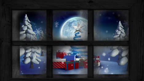 Animation-Von-Schnee,-Der-über-Den-Weihnachtsbaum-Und-Die-Geschenke-In-Der-Winterlandschaft-Fällt,-Gesehen-Durch-Das-Fenster