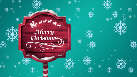 Animation-Fallender-Schneeflocken-über-Einem-Holzschild-Mit-„Frohe-Weihnachten“-Text