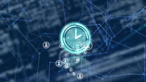Animation-of-clock-moving-over-globe,-connections,-data,-icons-and-navy-background