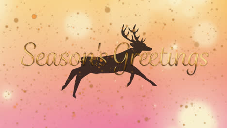 Animation-of-seasons-greetings-text-over-running-reindeer-on-pink-and-orange-background