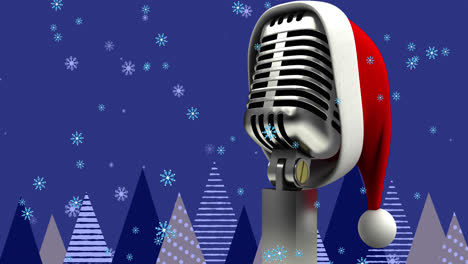 Animation-of-santa-hat-on-vintage-microphone-and-snow-falling-on-blue-background