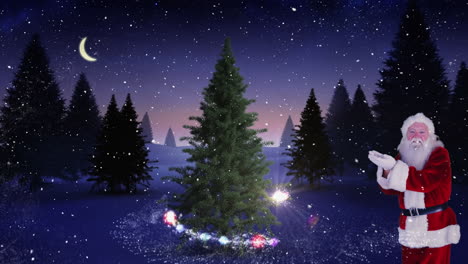 Animation-of-santa-claus-and-christmas-tree-in-night-winter-landscape