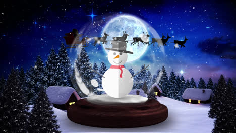 Animation-Einer-Schneekugel-Und-Eines-Weihnachtsmanns-Im-Schlitten-Mit-Rentieren,-Der-Sich-über-Eine-Winterlandschaft-Bewegt