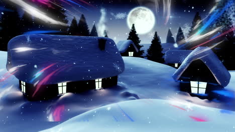 Animation-of-northern-lights-and-houses-in-night-winter-landscape