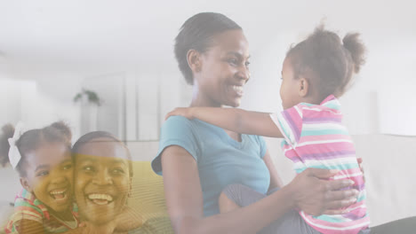 Composite-of-happy-african-american-mother-and-daughter,-embracing-and-hugging-at-home