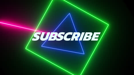 Animation-of-subscribe-text-in-white-with-colourful-rotating-neon-shapes-scanning-on-black
