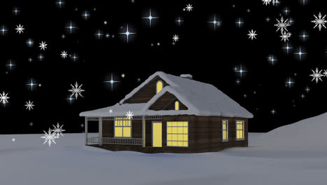 Animation-of-snow-falling-in-winter-landscape-with-house