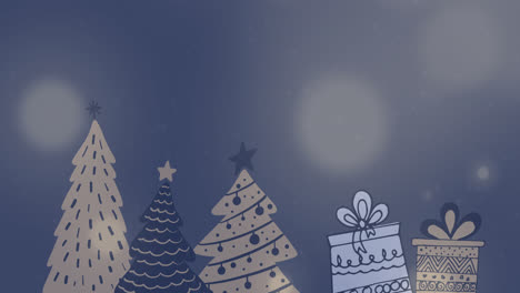 Animation-of-spots-of-light-over-christmas-tree-icons-on-blue-background-with-copy-space