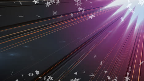 Animation-Von-Schnee,-Der-über-Leuchtende-Strahlen-Auf-Violettem-Hintergrund-Fällt