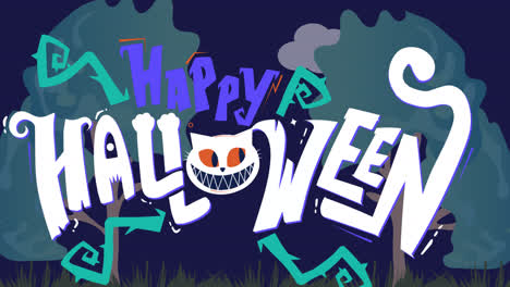 Animation-of-halloween-greetings-and-cat-head-over-dark-blue-background-with-tree